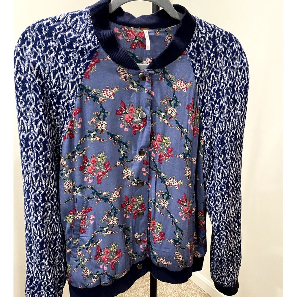 Free People Blue Floral Bomber Jacket with Navy Knit Sleeves